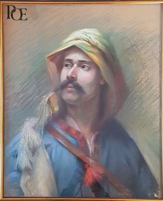 tableau représentant un homme moustachu coiffé d'un chapeau jaune
