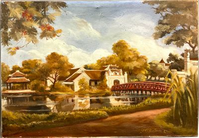Ecole XXe, Le pont menant à la pagode, Huile sur toile porta…