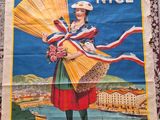 french poster of a woman carrying a fan and a basket of flowers