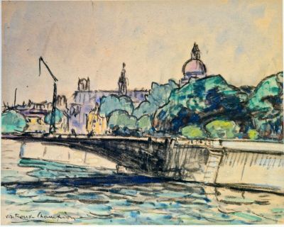 dessin représentant un pont sur une rivière, avec un bâtiment en arrière-plan