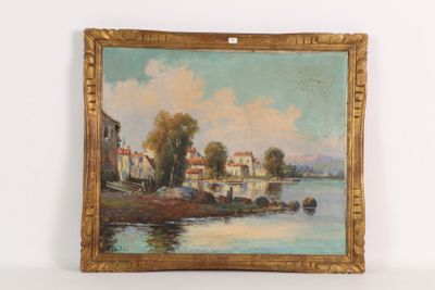 peinture à l'huile d'une scène de rivière avec des bateaux sur l'eau