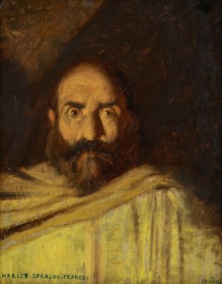 une peinture à l'huile représentant un homme barbu vêtu d'une robe blanche