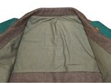 the back of a jacket with a green and brown lining