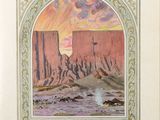 an image of a painting of a desert scene with a sunset in the background