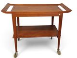 a wooden serving cart with two shelves and wheels on a white background