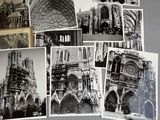 several black and white photographs of a cathedral and a clock tower