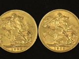two gold sovereigns, one of which is a horse and the other of which is a man on a horse