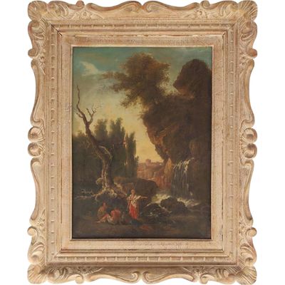 un tableau représentant un paysage avec des personnages au premier plan et des arbres à l'arrière-plan