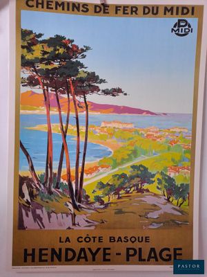 une affiche représentant une vue de plage avec des arbres au premier plan