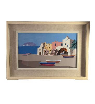 a picture of a painting of a boat on the beach