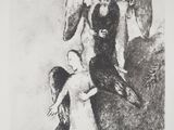 a black and white drawing of a woman holding an angel above her head