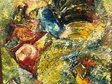 une peinture à l'huile représentant un papillon sur un fond jaune et vert