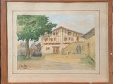 a painting of a building with a tree in front of it