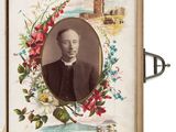 an old book with a picture of a man in a suit and flowers
