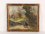 an oil painting of a woman with a rooster and a dog