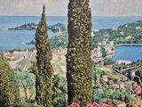 a picture of a painting of a view of the ocean