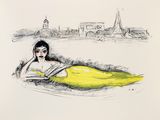 drawing of a woman reading a book in the water with the eiffel tower in the background