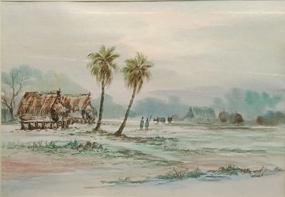 a picture of a painting of a village with palm trees