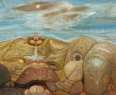 un tableau représentant un homme et une femme assis sur un rocher