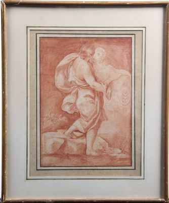 un tableau représentant un homme tenant un enfant dans ses bras