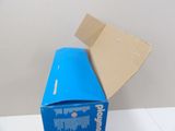 a blue box with a piece of paper sticking out of it