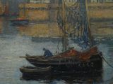 a painting of a man on a boat in the water