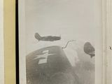 two black and white photos of an airplane flying over a snow covered ground