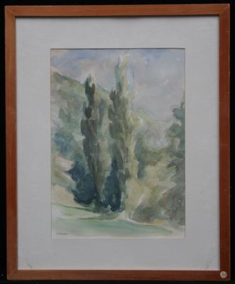 une peinture à l'huile représentant un arbre dans un champ, avec des collines en arrière-plan