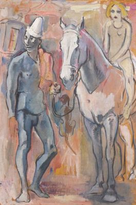 un tableau représentant un homme debout à côté d'un cheval