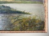 an oil painting of a landscape with a river in the foreground and mountains in the background