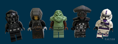 Des figurines Lego Star Wars sont alignées sur un fond bleu