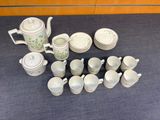 a lot of cups and saucers sitting on the floor