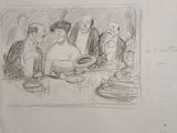 drawing of a group of people sitting at a table with plates of food