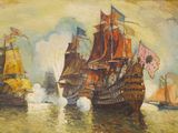 une image représentant un tableau où l'on voit deux navires sur un plan d'eau