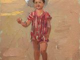 une peinture à l'huile représentant un petit garçon sur la plage, coiffé d'un chapeau