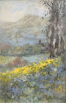 an oil painting of a field of flowers and trees with a river in the background