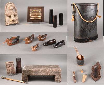 plusieurs photos différentes représentant divers objets, notamment un seau, un banc et d'autres objets