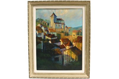 une peinture à l'huile représentant un village avec une église à l'arrière-plan