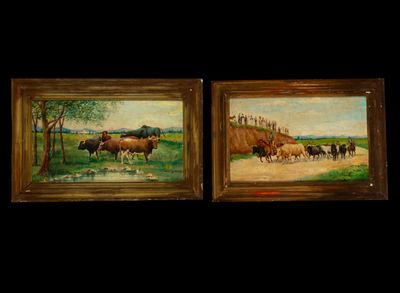 deux tableaux représentant des vaches dans un champ, avec un chemin de terre au premier plan