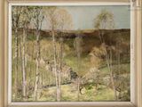 an image of a painting of a landscape with trees in the foreground