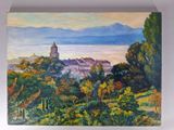 une peinture à l'huile représentant une vue d'une ville avec des montagnes en arrière-plan