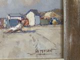 an oil painting of a beach scene with a boat on the water