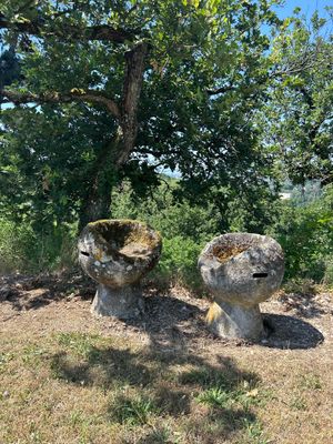 two large rocks sitting next to each other in the grass