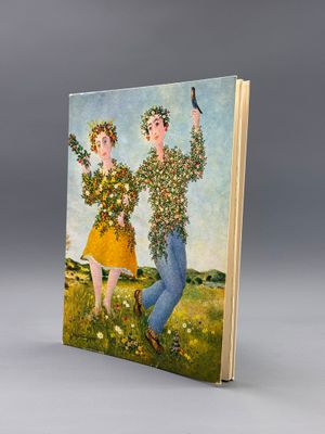 an image of a book with a painting of a man and a woman holding a bird