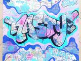 peinture représentant un graffiti sur le mur d'un immeuble, avec le ciel en arrière-plan