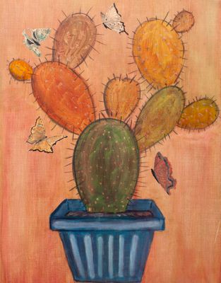 painting of a cactus in a blue pot with butterflies flying around it