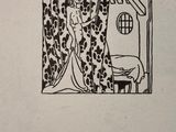 a black and white drawing of a woman standing in front of a window