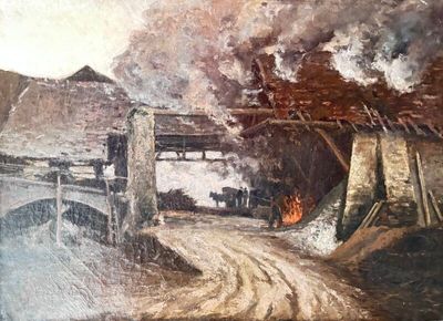 une peinture représentant une peinture d'un train traversant un tunnel