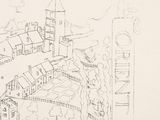 sketches of a drawing of a town with a clock tower in the background