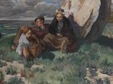 a painting of a group of people sitting under a tree